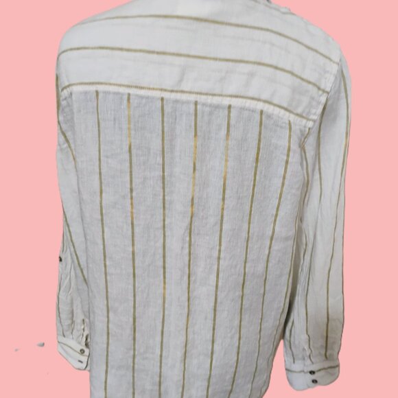Sigrid Olsen 100% linen striped blouse features long sleeves turn-up sleeves L - Picture 4 of 9